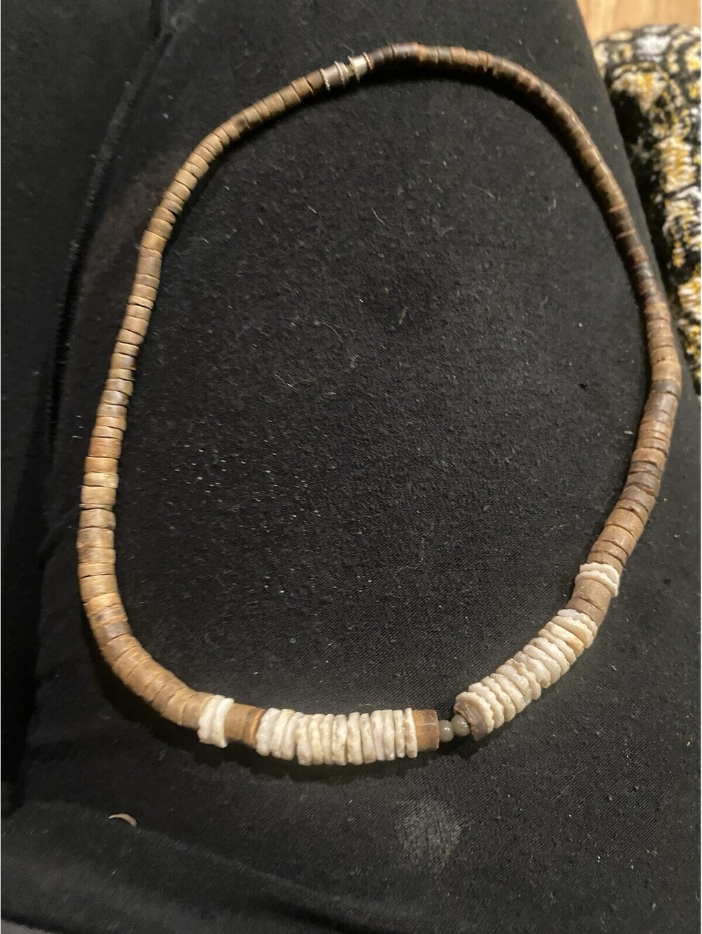Vintage Heishi Bead Necklace Barrel Clasp Brown White Hemp 1970s 1980s